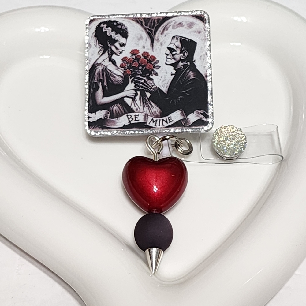 Valentine Badge Reel Frankenstein Be Mine ID Holder Valentines Day Badge‎ Clip